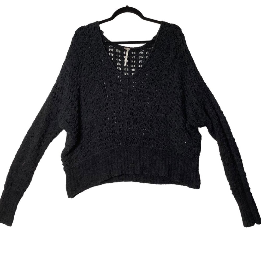 Free People Black‎ Open Knit Sweater Women Sz Medium Cotton Blend